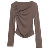 Side Bow Tie Design Folded Long-Sleeved T-Shirt Slim Thin Autumn Dress T-Shirt Short Top