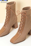 Women's Square Toe Ankle Boots Autumn Winter Fashion Stitching Knitted Elastic Stockings Boots High-heeled Short