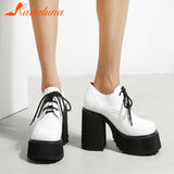 Thick High Heeled Mary Jean Pumps 2023 Spring Summer Ankle Lace Up Women Pumps Round Toe Solid Color Comfy Walk