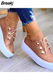 Summer Fashion Women Flats Solid Skateboard Shoes Comfortable Casual Pu Sneakers Female Platform Lace-Up Sneakers