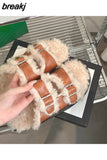 New Winter Plush Inside Women Slipper Casual Fashion Buckle Artificial Fur Outside Home Platform Soft Slides