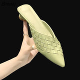 Women's Closed Toe Half Slippers Summer Outer Wear Shallow Chunky Heel Women's Mules Shoes Weave Pointed Toe Slipper