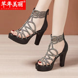 High-Heeled Diamond Roman Sandals Summer 2023 New Fashionable Thick Heels Fishmouth Sandals Large Size Open-Toed