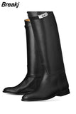 Sexy Women Motorcycle Booties Belt Strap Metal Shark Lock Flat Heel Knee High Boots Woman Genuine Leather Botas