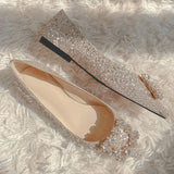 Shoes Woman Square Buckle Crystal Pointed Toe Flats Glitter Shallow Slip On Comfy Loafers Bling Bling 33-44
