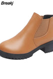 Heel Boots Women's 2023 New Fashion Light Leather Boots Brown Round Head Mid Heel Slip on Ankle Women's Shoes Women