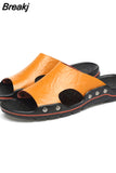 Men Slippers Genuine Leather Breathable Clogs Sandals Beach Classics Leather Slides Outdoor Flip Flops Plus Size Men