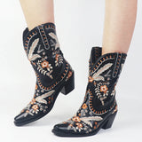 Boots For Women Pointed Toe Embriodery Mid Calf Boots Vintage Pull On Western Ankle Ridding Boots Autumn