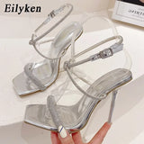Gold Silver Crystal Stiletto High Heel Women Sandals Sexy Square Toe Buckle Strap Wedding Prom Shoes Designer