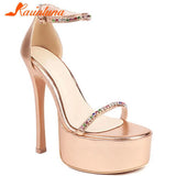 Brand 2023 Thin High Heel Ankle Strap Pumps Shoes Pointed Toe Metallic Feel Design Sexy Style Spring Summer Lady Women