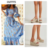 Open Toe Platform Slip On Women's Sandals Straw High Wedges Heeled Summer Shoes Elegant Beach Casual Beige Shoes