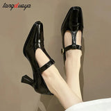 Mary Janes Shoes Women 2024 Spring Pumps Square Toe Chunky Heel Leather Shoes Women Classics Elegant Mid-heel High