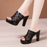 Plus Size 32-43 Block Heel Platform Shoes Women Slippers Summer 2021 Open Head High Heels Slides Ladies Cutout
