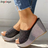 gold silver Sequine Platform Slippers Women Wedge Slides Slippers Summer Beach Slippers Casual Mules Heels