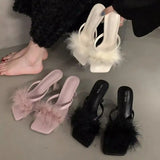 Ladies High Heels Slippers Fluffy Slippers Women 2024 New Summer Fashion Temperament Fine Slippers