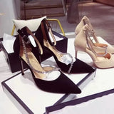 NEW Black High Heels Women's Thin Heel Hollow Pointed Single Shoes Sexy Baotou Button Water Drill