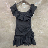 White Casual Patchwork Ruffle Dress For Women Slash Neck Sleeveless Irregular Mini Dresses Female 2021 Summer