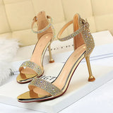 Breakj Sexy Banquet Summer Heels Women Shoes Thin Heel High Heel Open Toe Diamond Word Strap