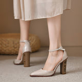 Women's Pumps Vintage Pointed Toe Chunky Heel Strange Style Lattice Hollow High Heels Party Leather Shoes Plus Size