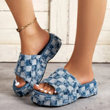 Female Summer 2023 New Color Plaid One-Word Slippers Thick Cloth Face