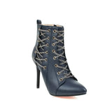 Women Ankle Boots 2023 Autumn Winter Stiletto Booties Cross Chain Decorate Thin High Heels PU Leather Size 34-50 Fashion