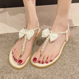 String Bead Soft Sole Sandals Women 2022 Summer Bowknot Clip Toe Flat Sandals Woman Comfy Non Slip T-Strap Rome