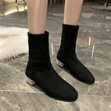 Women's Boots Stretch Fabric Socks Boots Women Shoes Mid-Calf Square Heels Breathtable Sock Shoe Motorcycle