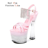 2023 New Platform Sandals Women Summer Sexy Square Heel Cross Belt High Heels 17cm Bling Ladies Strip Pole Dance
