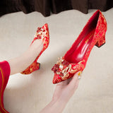Wedding Shoes Thick Heel Red Rhinestone Buckle Bridal Shoes Party Dress Single Shoes Bridesmaid High Heels Women