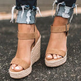 Style 2023 Slope Heel Women's Shoes Straw Braided Hemp Rope Large Size Female Sandals Clasp Fish Mouth Sandals