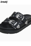 Size 34-40 Women Sandals 2023 Summer Shoes For Women Real Leather Low Heels Shoes Round Toe Casual Rivet Slippers