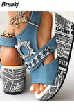 For Dropship 2023 New Summer Elegant Wedge Slide Sandals For Women Denim Single Band Flatform Sandals Beach