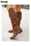 New Fashion Low Heel Side Zip Size 43 Suede Thigh High Women's Boots Retro Woman Booties Autumn Winter Knee High