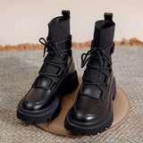 Autumn Winter Women's Boots Black White Ankle Boots Knit Leather Short Booties Woman Fall Shoes Punk Goth