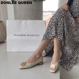 QUEEN Women Flats Shoes Low Wooden Heel Ballet Square Toe Shallow Buckle Brand Shoes Slip On Loafer Big Size 35- 41