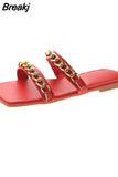 Women Summer Slides Chain Decorative Flip Flops Outdoor Sexy Casual Sandals Female Square Heel Slippers Plus Size