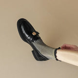Women's Loafers British Style Mid Heel Round Toe Single Shoes Slip on Leather Shoes for Women School Casual Flats Туфли