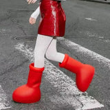 New Fashion Design Solid Party Runway Shoes Big Red Knee High Boots Round Toe Balloon-Like Slip on Women'S Casual