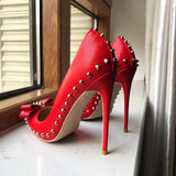 Red Matte Women Pointy Toe High Heel Shoes with Bow Sexy Spikes Rivets Stiletto Pumps 8cm 10cm 12cm Colors