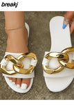 Summer New Round Toe Open-toe Sandals and Slippers Women's Metal Large Chain Flat Slippers Fashion flip flops Women's