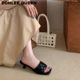 Square Toe Slippers Women Peep Toe Med Heel 4cm Slides Summer Shoe Women Embroidery Mule Massage Outsole Slipper Size
