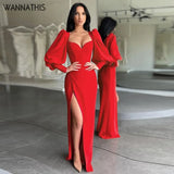 Women Lantern Sleeve Dresses High Split Square Collar Autumn 2021 Vintage Shrug Chic Party Wear Elegant Female