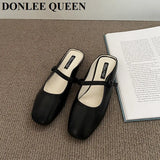 Brand Slippers Women Square Toe Slip On Mules Shoes Fashion Mary Janes Flats Heel Ladies Slides Female Spring Loafers