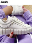 Women New Autumn Pu Leather Lace-Up Sneakers Solid Thick Sole Platform Skateboard Shoes Metal Chain Casual Vulcanized