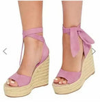 Large Size Beige Heeled Sandals Velvet Shoes Cross-Shoes Clogs Wedge 2024 Summer Espadrilles Platform Big Black High