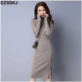 autumn winter meduim long women sweater dress split side turtleneck robe female elasticity slim bodycon knit long