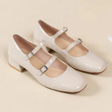 2023 Spring French Retro Shallow Mouth Thick Heel Dress Shoes Fashion Silver Square Head Mary Jane Ballet Shoe Low