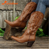 Boots Pointed Toe Mid Calf Boots Autumn Winter 2023 Vintage Style Embroidery Boots Thick Heels Comfy Walking Lady