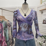 Picts Picts Retro Tie-Dye-Print Yarn Lace V-Neck Low-Breast Horn Sleeves Short Thin T-Shirt Top