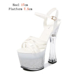 2023 New Platform Sandals Women Summer Sexy Square Heel Cross Belt High Heels 17cm Bling Ladies Strip Pole Dance